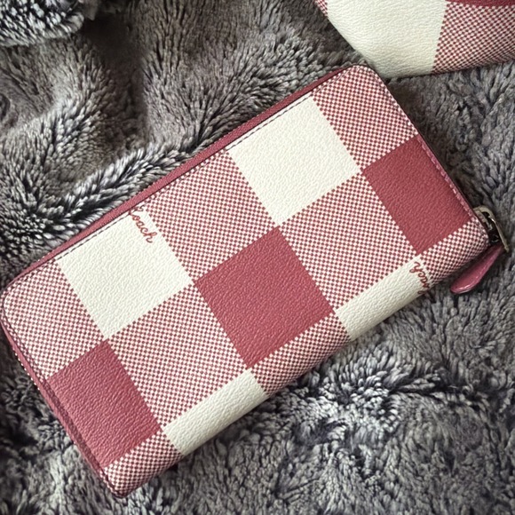 COACH Buffalo Plaid Red Pink Tote Bag Leather Trim & Full Size Wallet Wallet - Picture 3 of 16